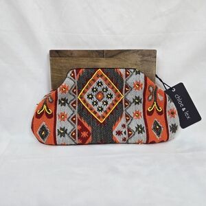 Chloe & Lex Women's Orange Western Geometric Woven Beaded Wood Handle Clutch NEW